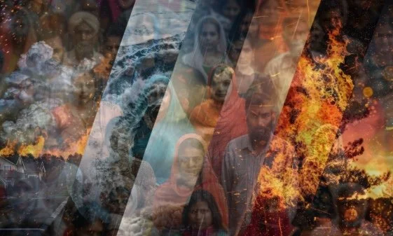 Extreme weather shown through cloud and water in diagonal stripes.