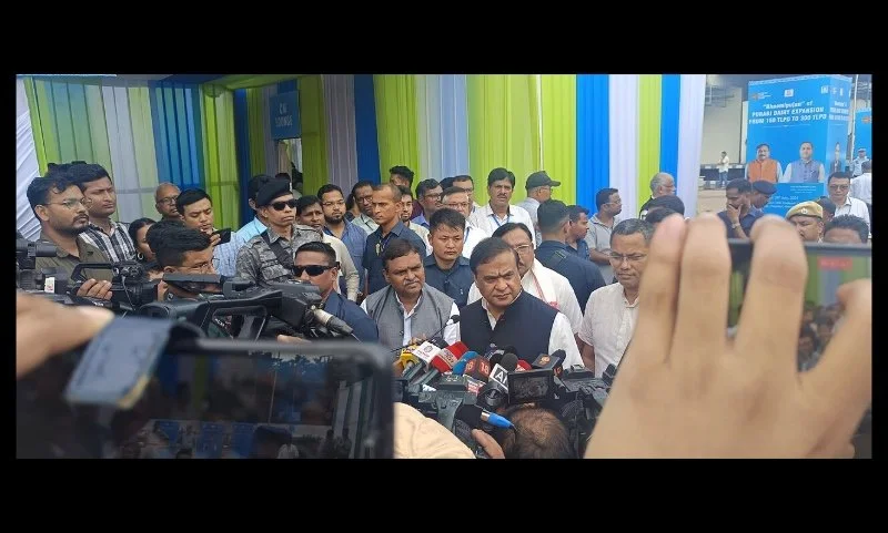 Himanta Biswa Sarma speaks to the media during an event in Guwahati.