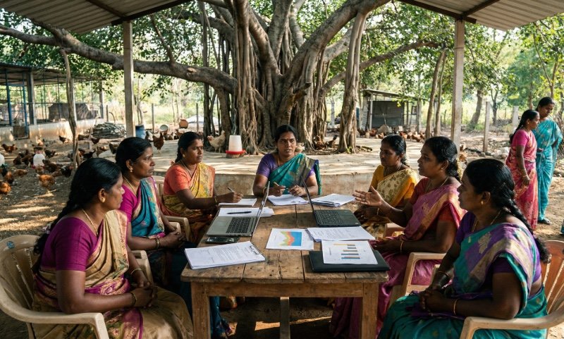 Women holding a meeting under a tree.