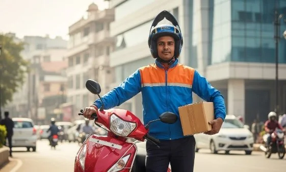 A delivery agent standing next to his scooter, with a box in his hand.