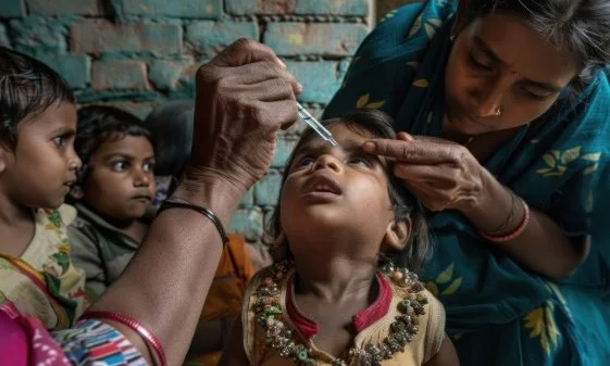 A girl being administered eye drops in rural India.