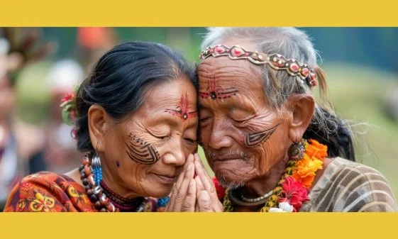 An elderly Northeast Indian couple cheek to cheek in a dance.