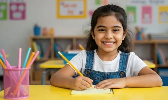A smiling Indian girl child studying at a desk in a school.