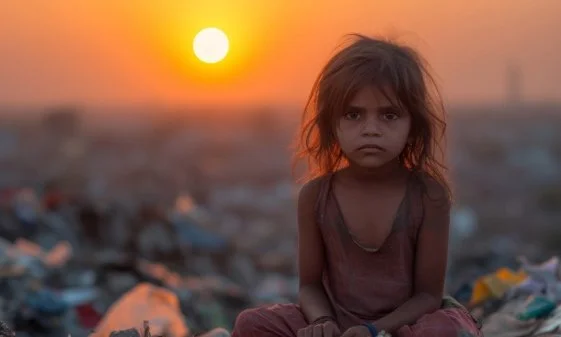 An economically poor girls sitting on a ground full of garbage, and seen against a setting Sun.