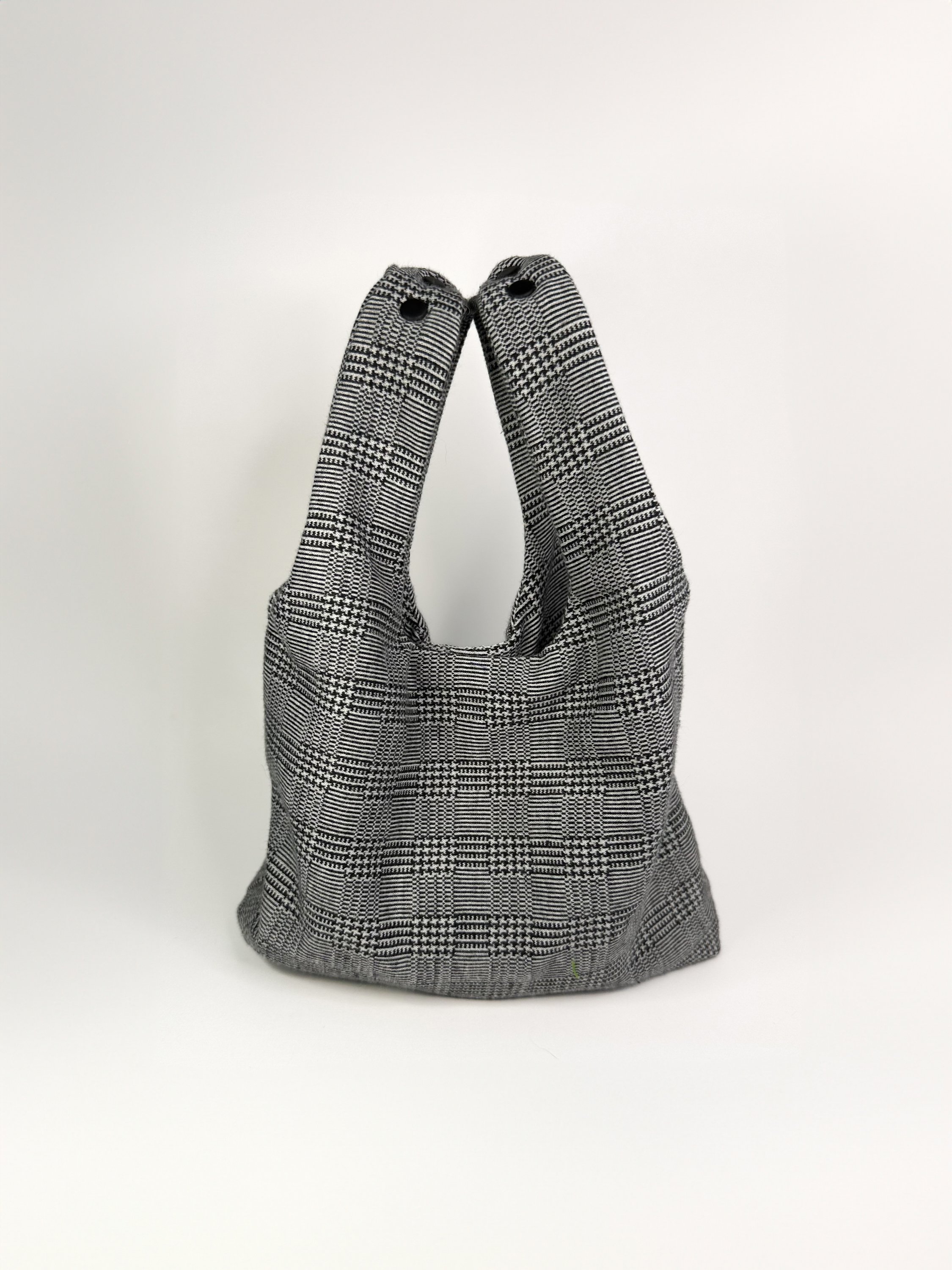 Black and white plaid cotton fairy bag with black rivets, small and reversible