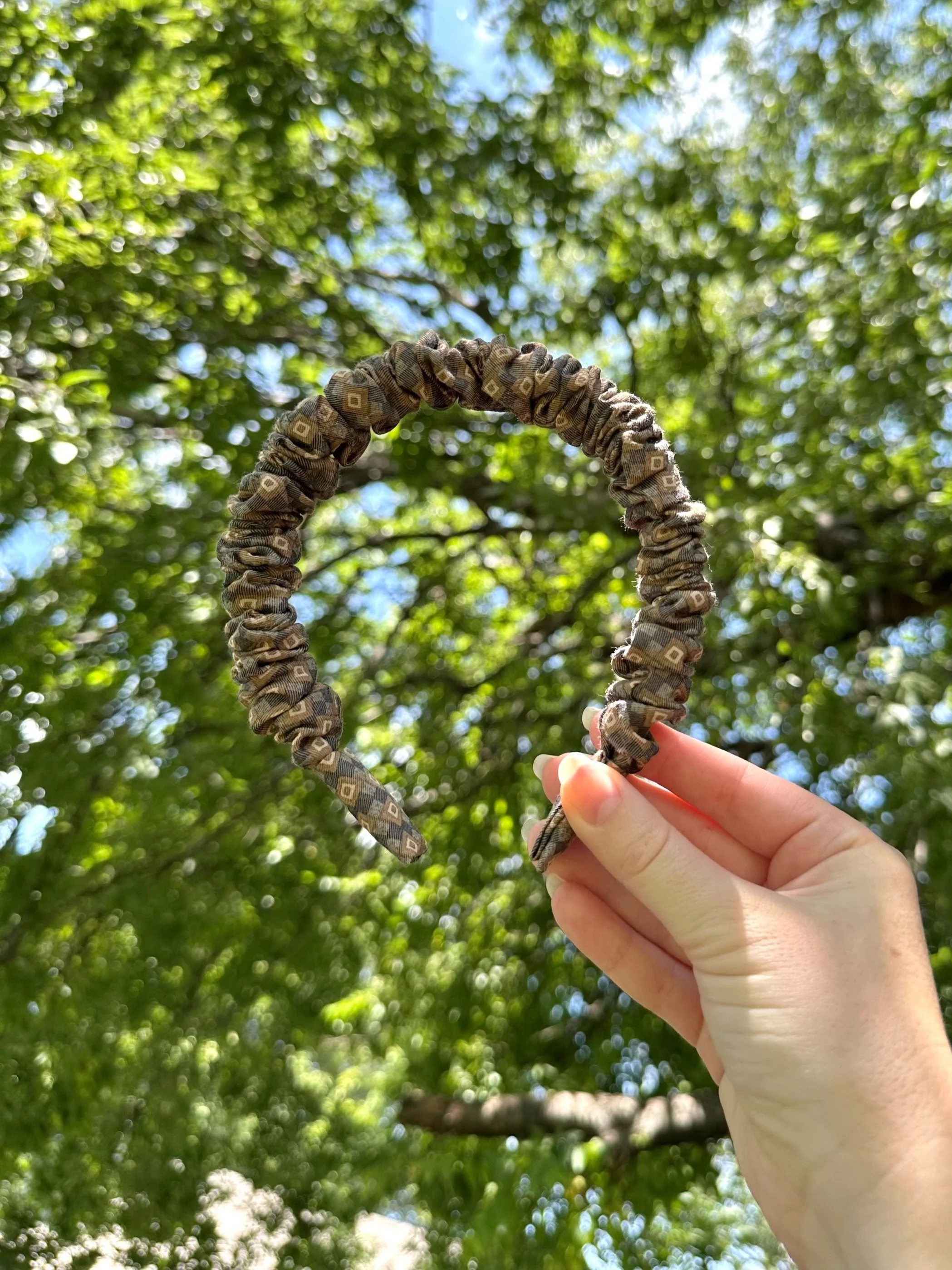 Silky scrunchie headband with a brown retro vibe handmade by HBT_FLW