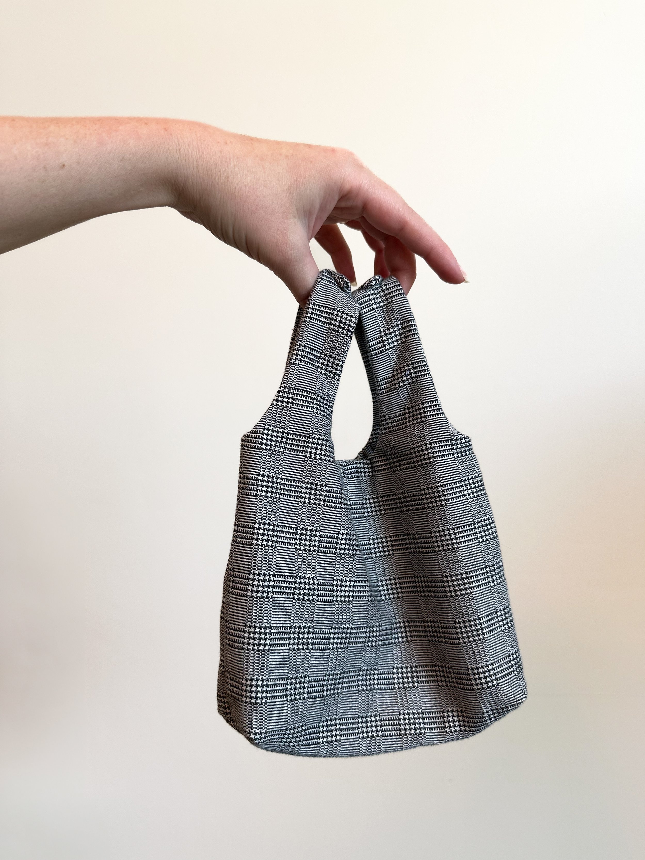 size reference Black and white plaid cotton fairy bag with black rivets and sophisticated vibe