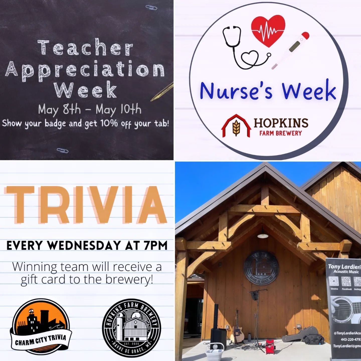 It's going to be a beautiful day here in Havre de Grace! Grab a cold beer and relax!

Teacher Appreciation Week and Nurse's Week: show your ID and get 10% off your tab!
@magerks_on_a_roll &nbsp;at 4PM
@tonylardieriacoustic at 5PM
Wiffle Ball at 5:30P