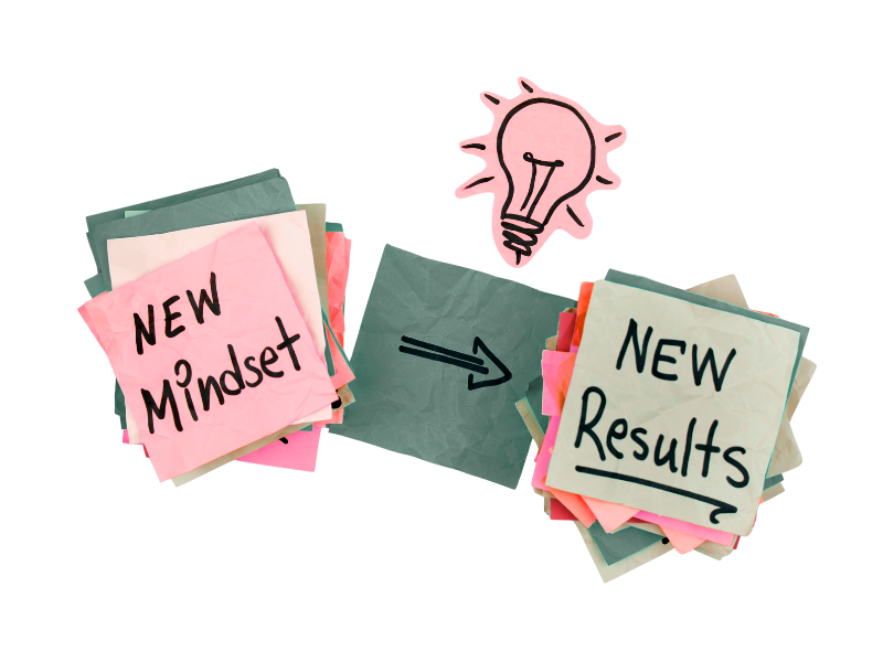 Notizzettel gestaplet mit Glühbirne New Mindset New Results