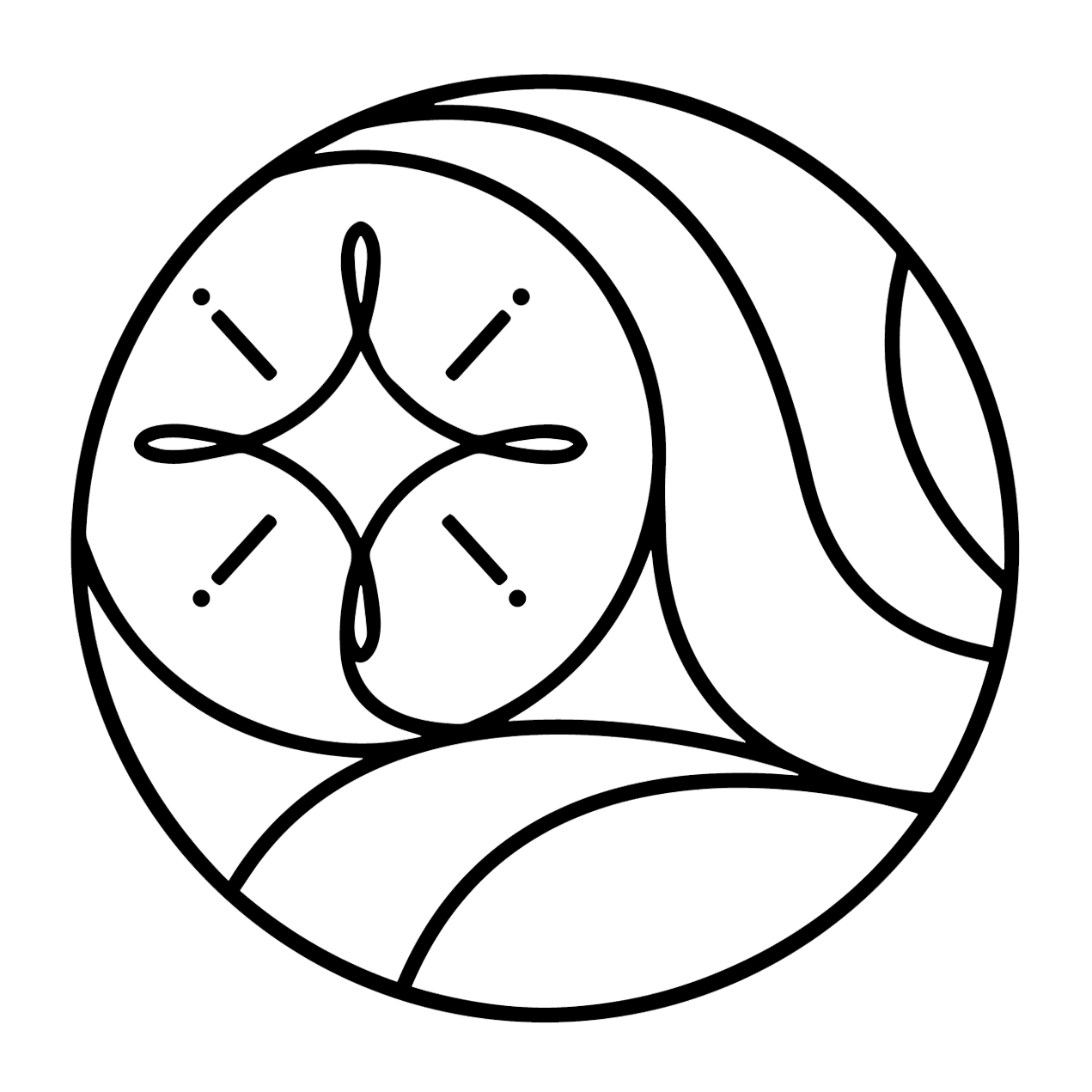 Black and white line drawing of a circular mandala with intricate geometric patterns and symmetrical designs.