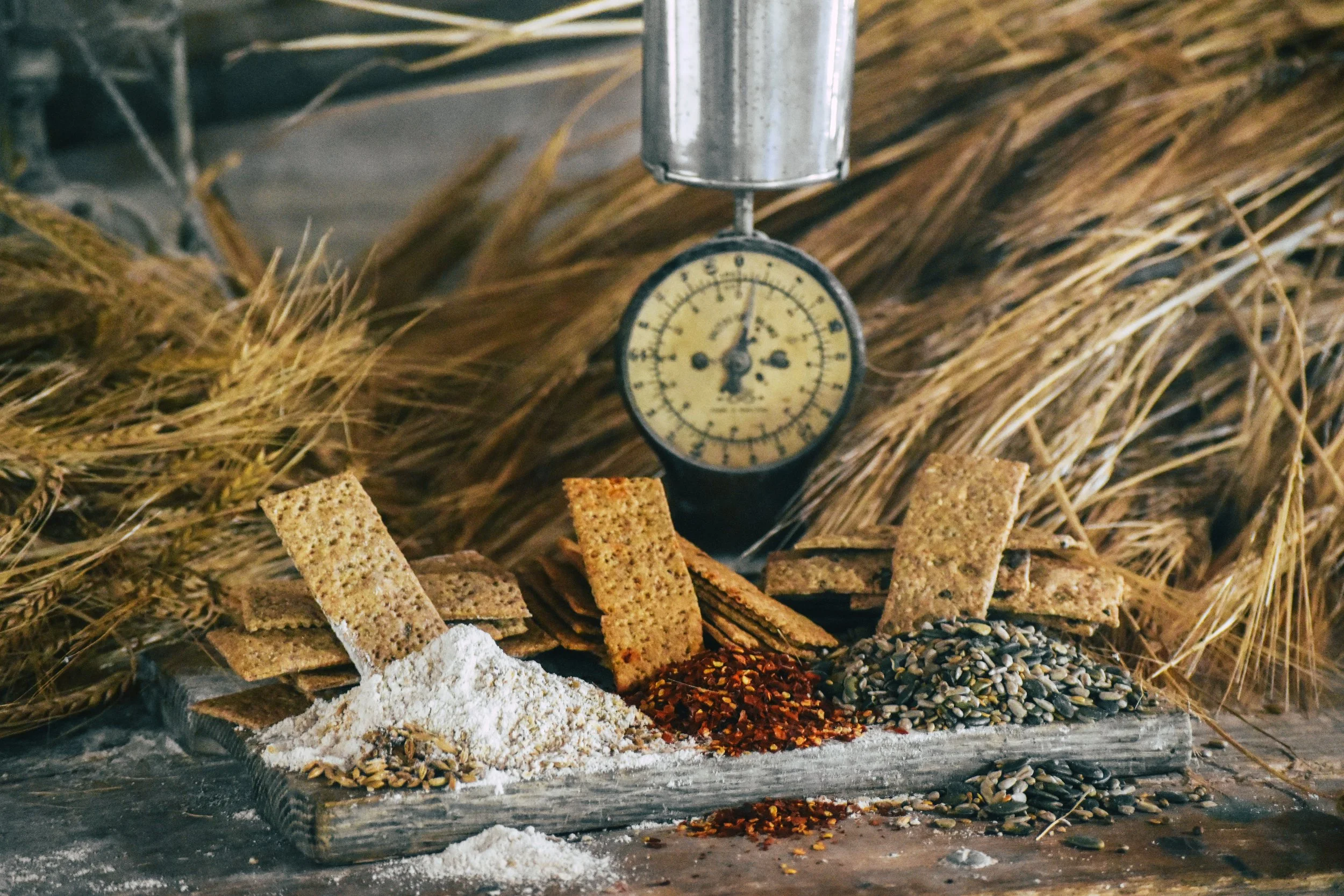 Close-up of various grains and seeds, with a vintage scale in the background and wheat stalks, possibly in a rustic or farm setting.