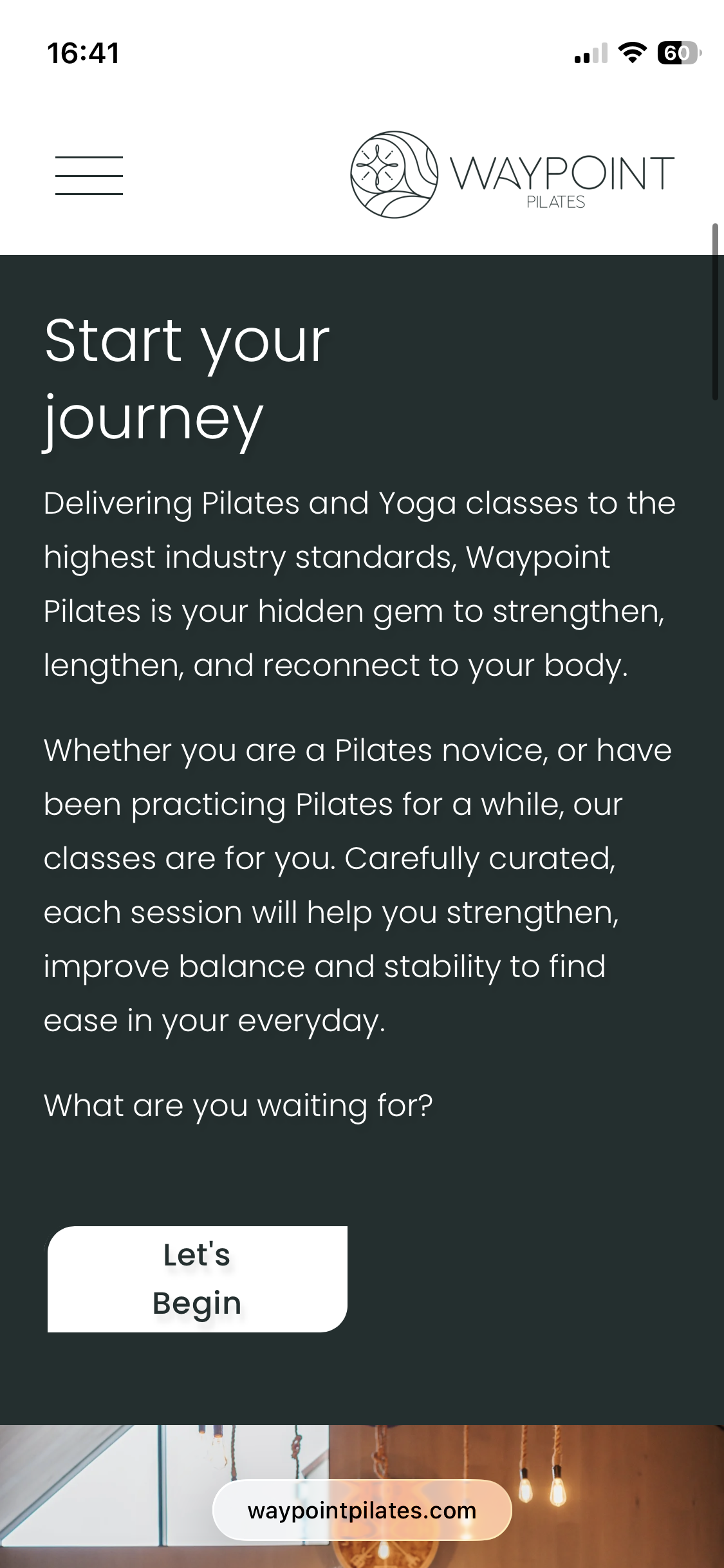 Mobile app screen for Waypoint Pilates with a logo, header, and text inviting users to start their Pilates journey, with a 'Let's Begin' button and the website link waypointpilates.com.