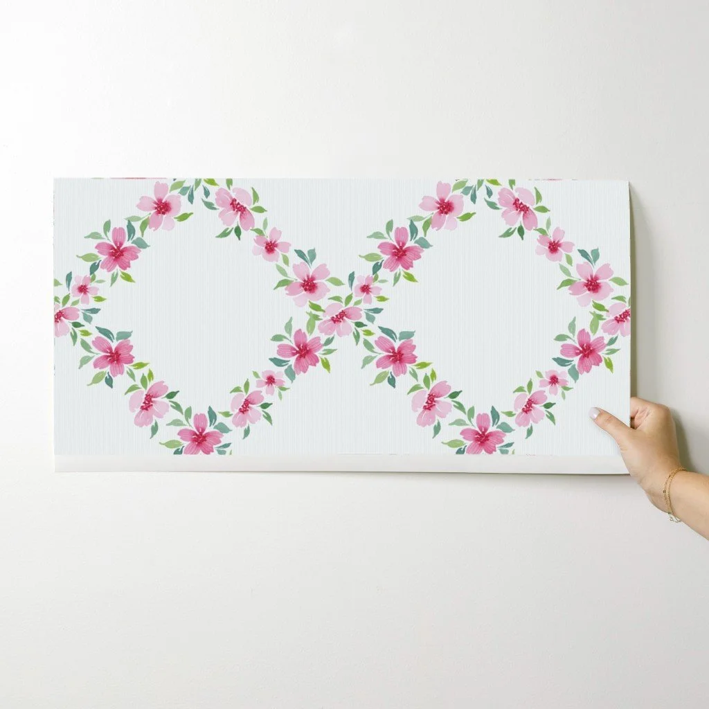 Watercolor Pink Cherry Blossoms Trellis - Hand-Painted Floral Lattice