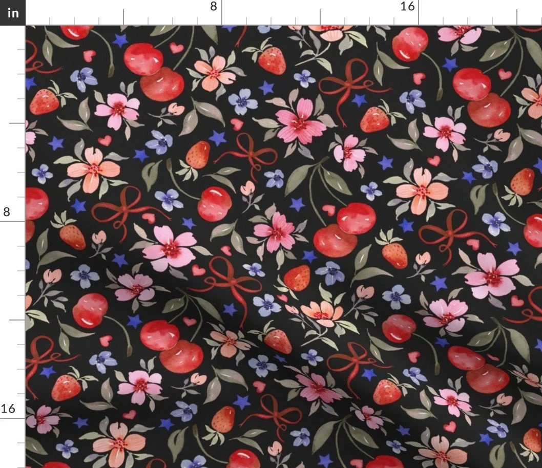 Cherries & Florals with Bows and Strawberries - Black