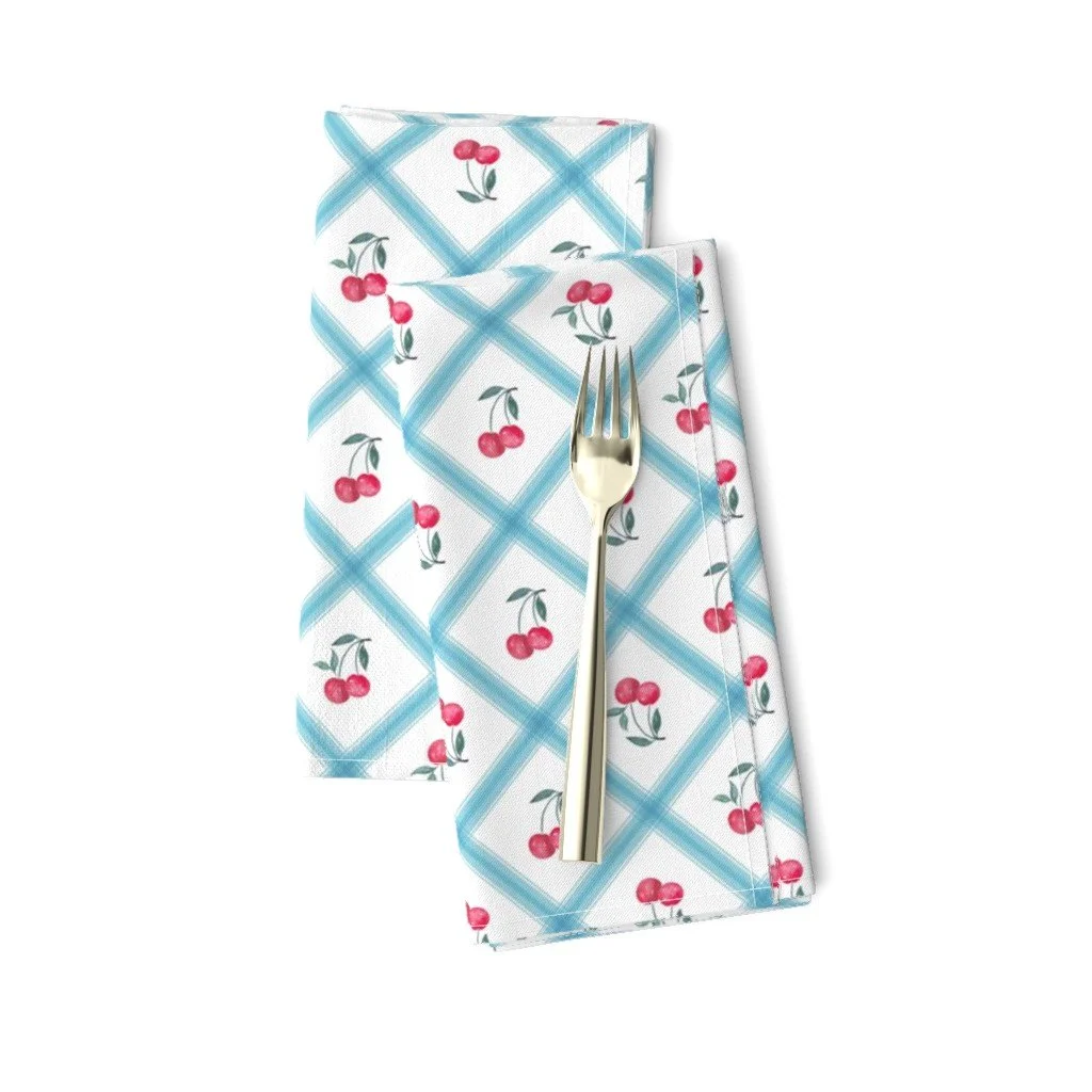 Dinner Napkins - Watercolor Cherry Diamond Lattice -Sky Blue