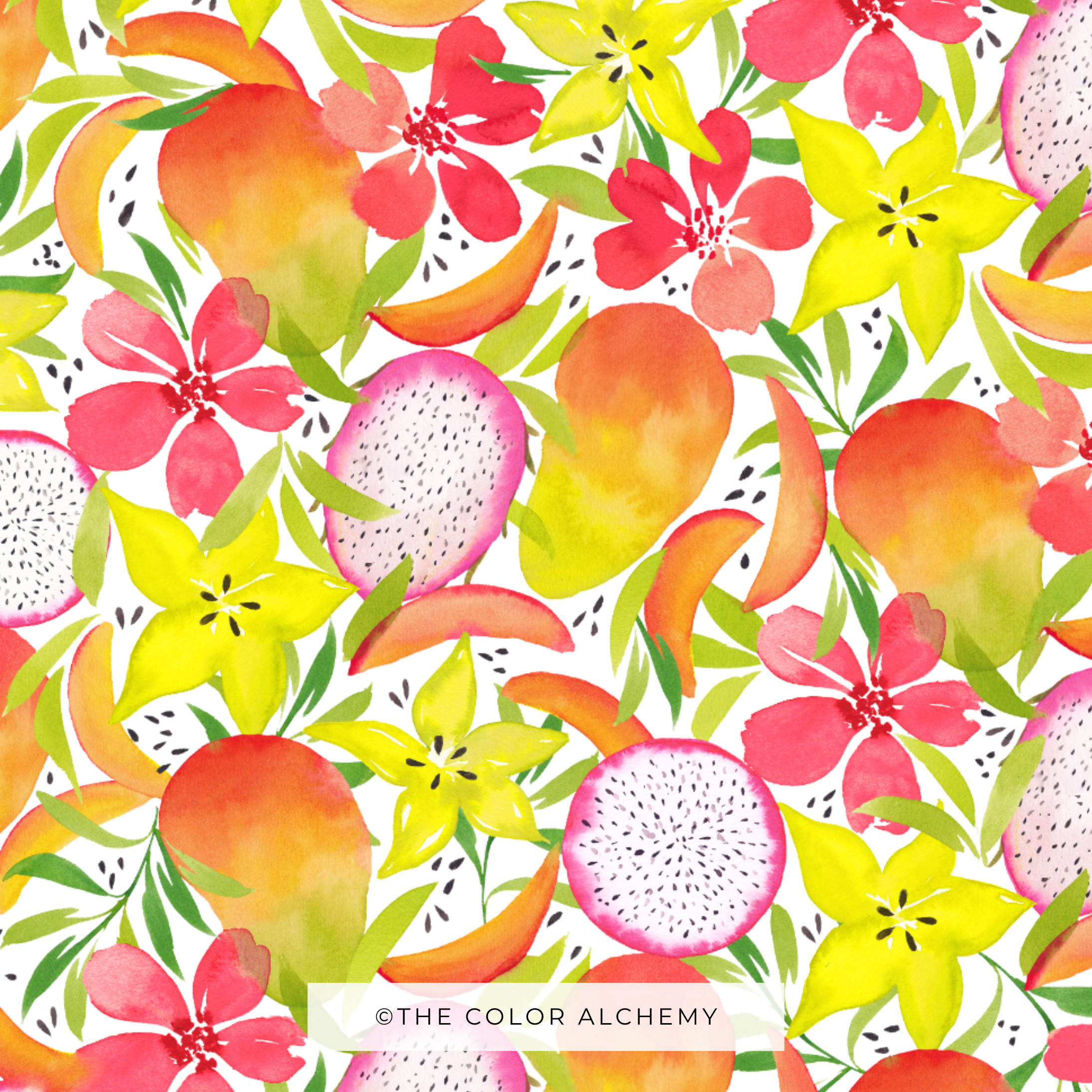 A vibrant and colorful watercolor pattern featuring various fruits such as oranges, strawberries, dragon fruit, and mangoes, interwoven with green leaves.
