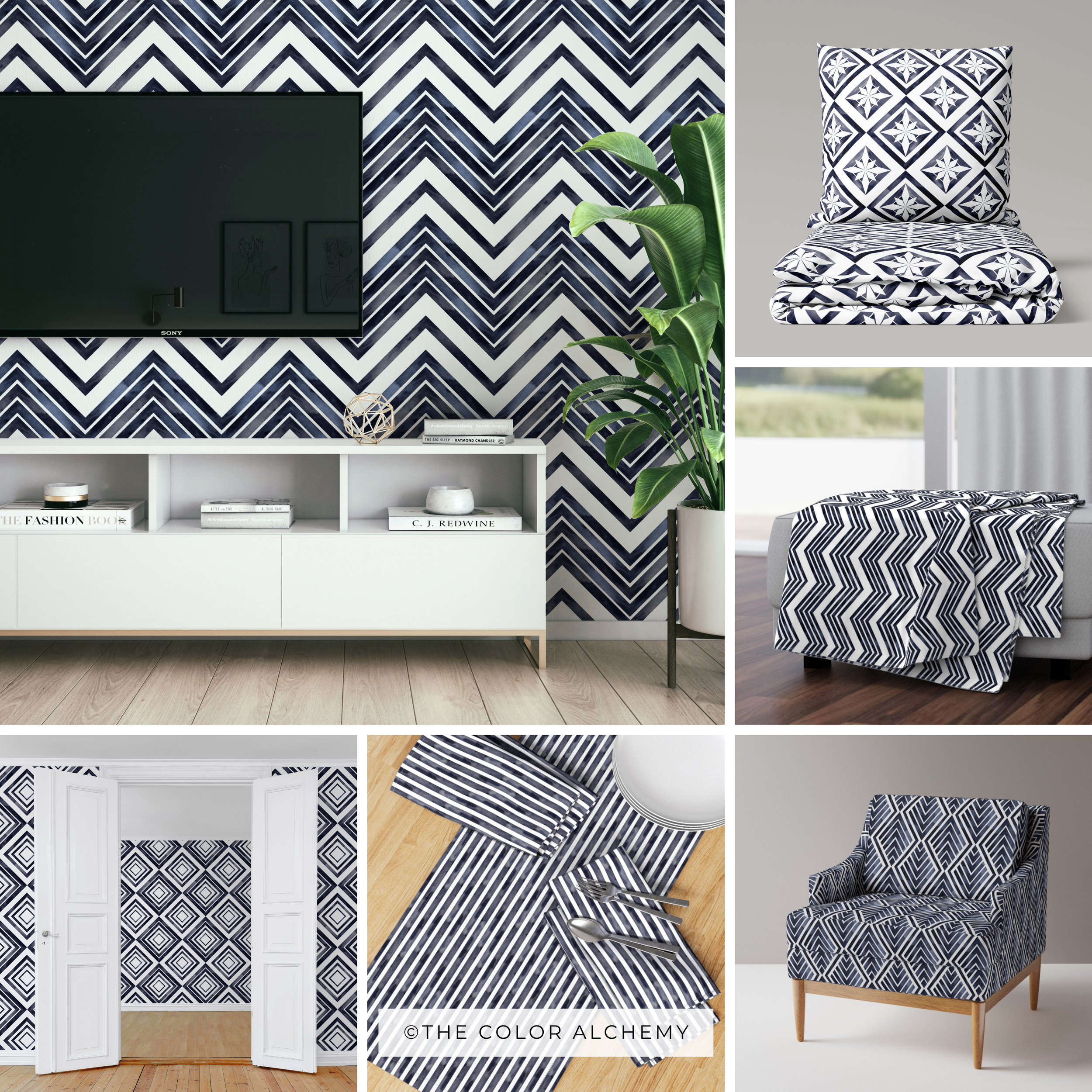 A room decorated with navy blue and white geometric patterned wallpaper and furniture accessories. It includes a white console table with books and decor, a large sliding door with diamond-shaped patterns, a green plant, a chair with matching patterned fabric, and other home decor elements.