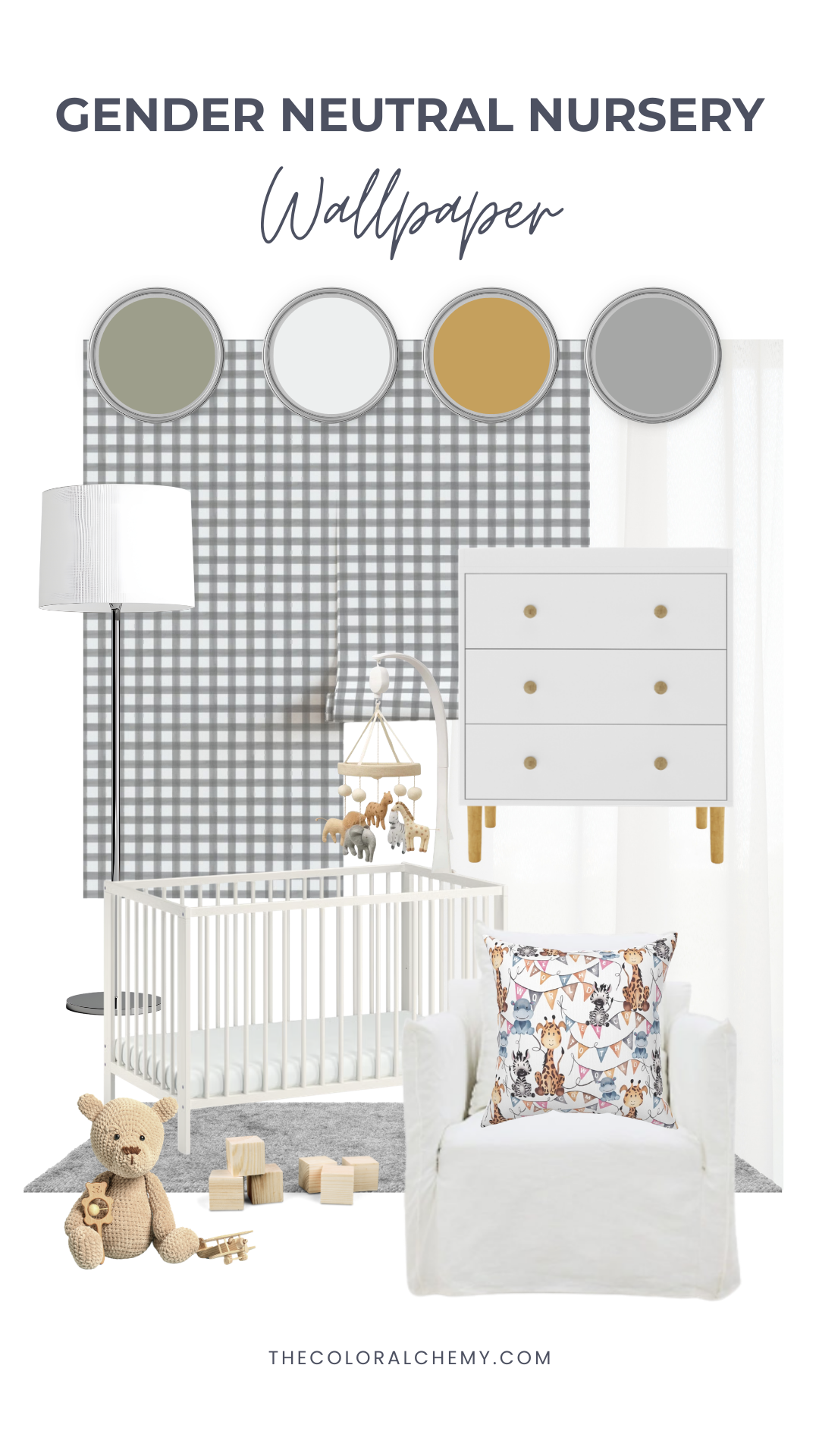 Gender neutral nursery mood board featuring soft grey gingham wallpaper, sage and mustard colour palette, white crib, wooden toys, and minimalist nursery furniture.