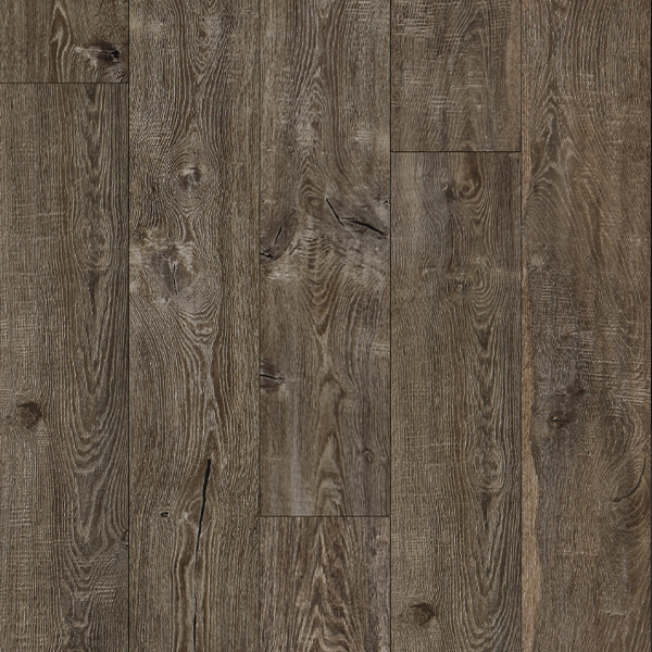 Detailed view of Oxford LVT in the Castle Series by Jackson Vinyl, highlighting a rich dark brown wood effect with understated gray tones and intricate grain patterns.
