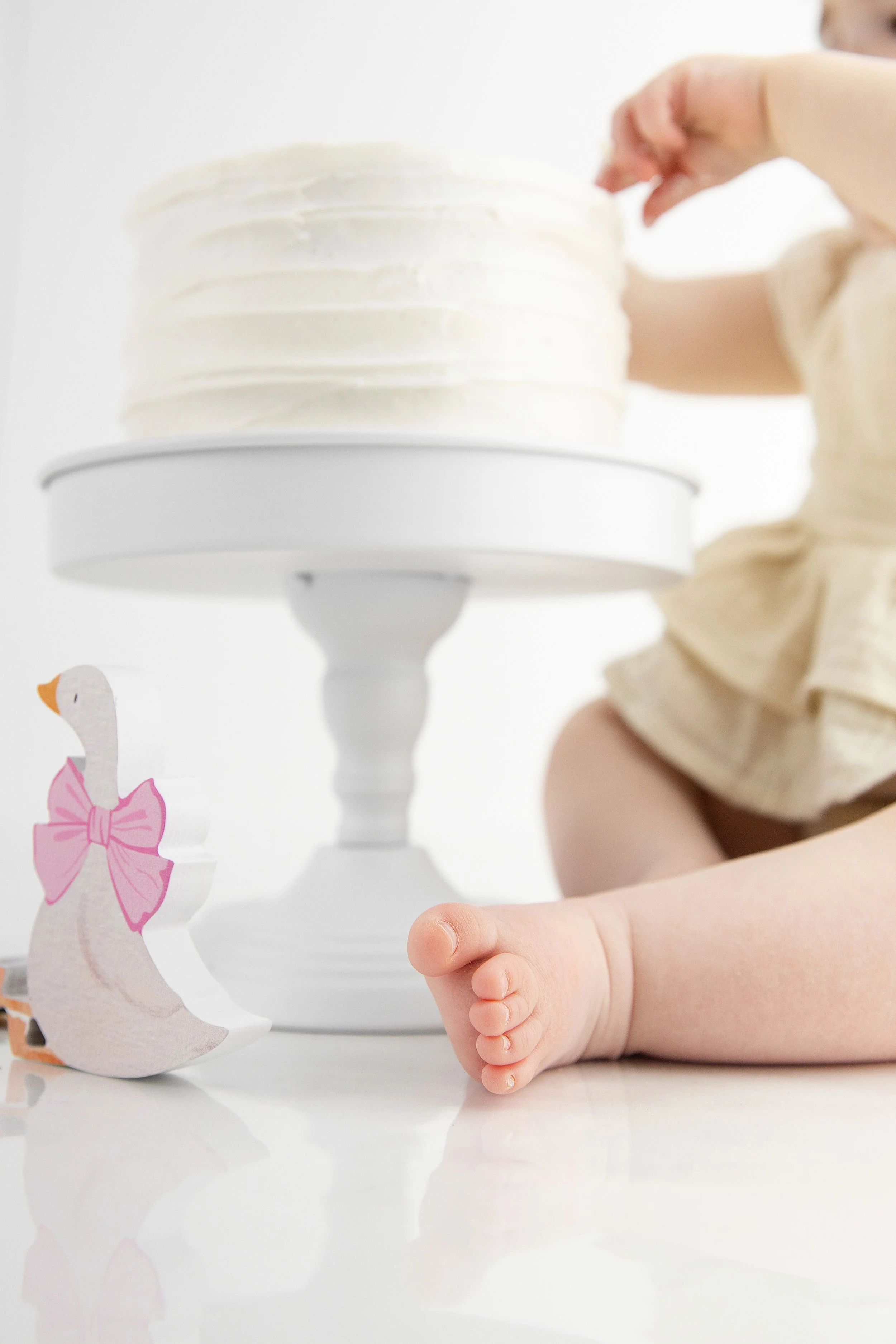 Close-up of baby feet beside cake during one year cake smash milestone photography session in Rochester Hills Michigan studio