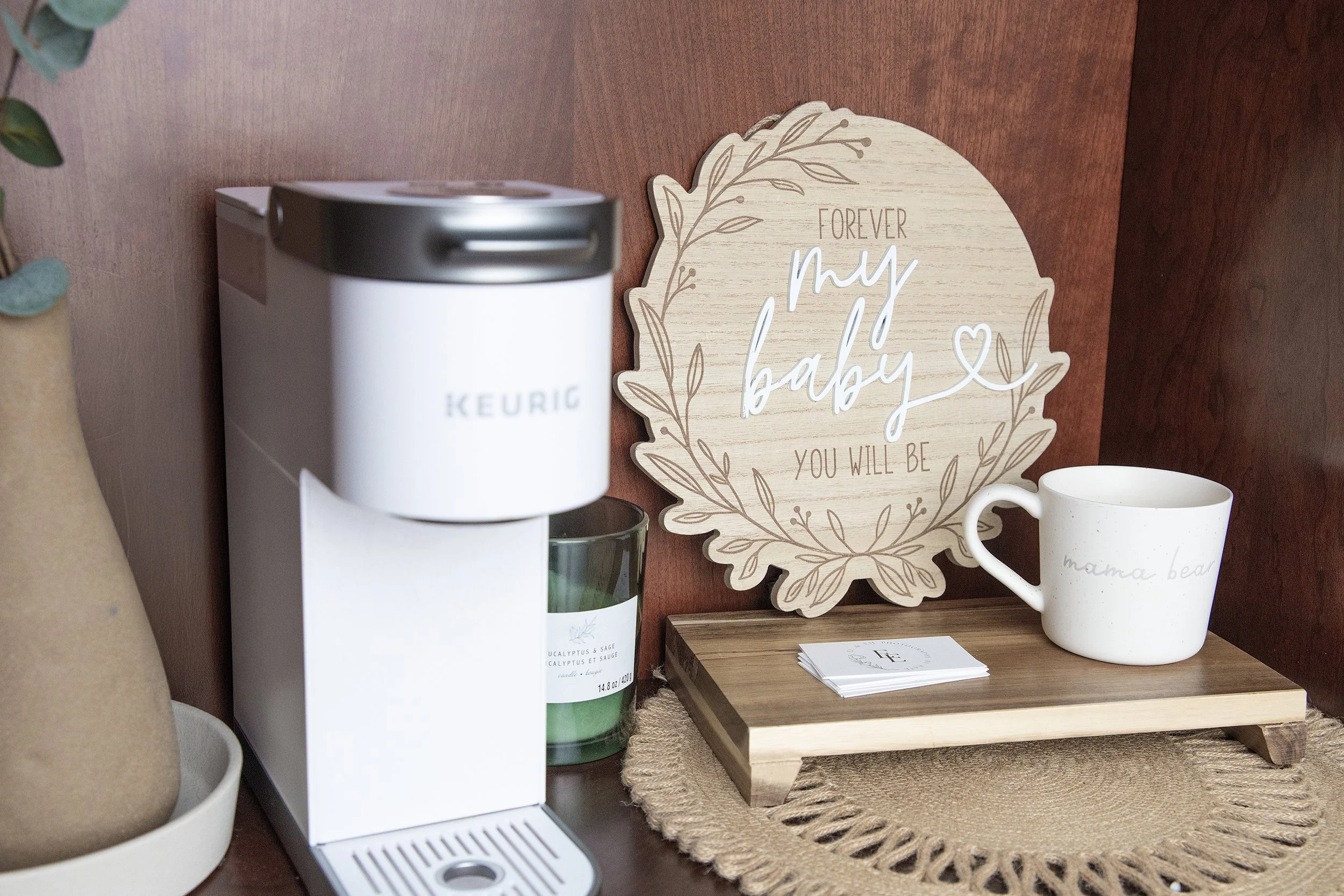 Studio coffee and refreshment station for parents at Rochester Hills Michigan newborn photography studio