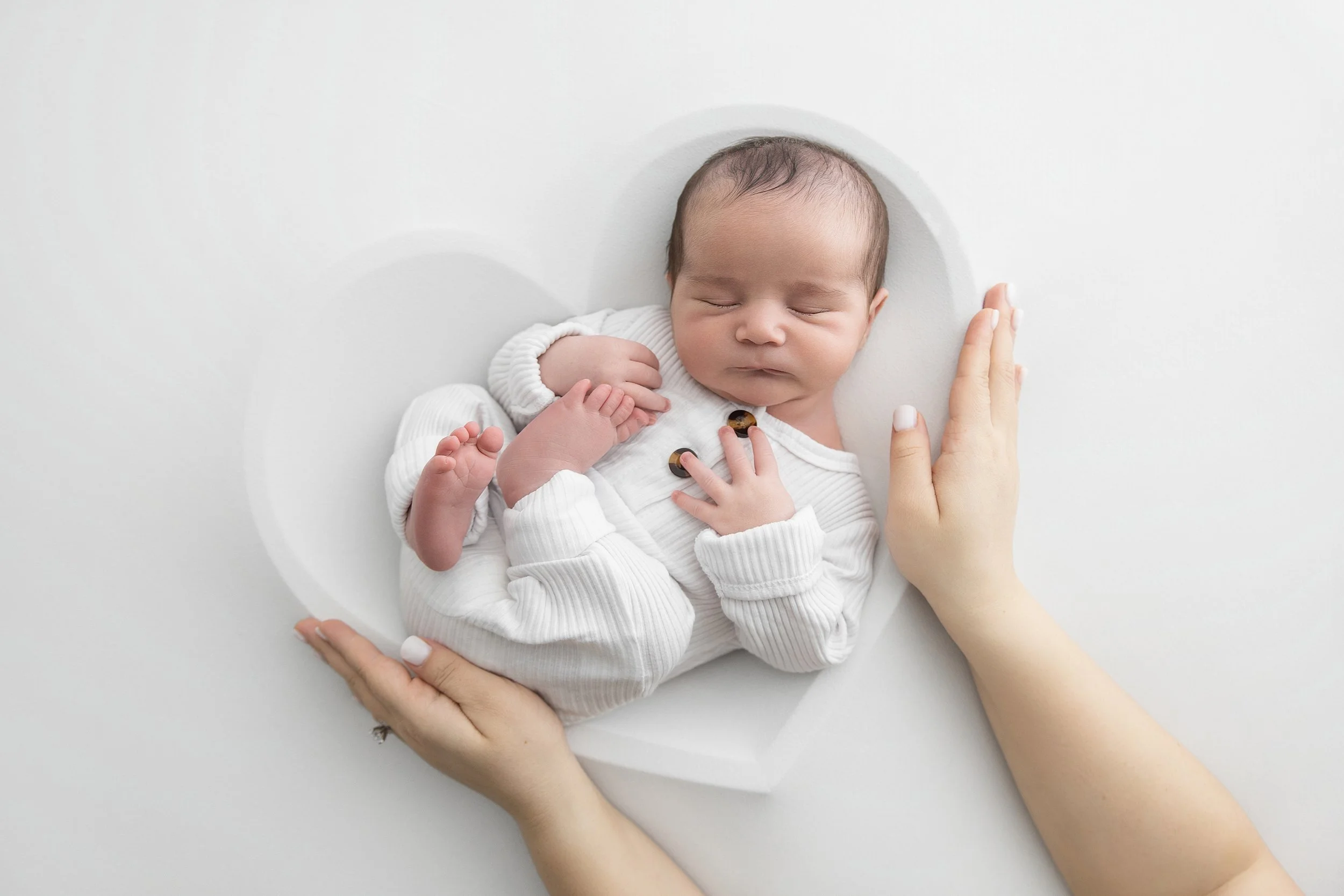 Newborn baby posed in white bowl with parent hands | Rochester Hills newborn photographer | El & Em Photography