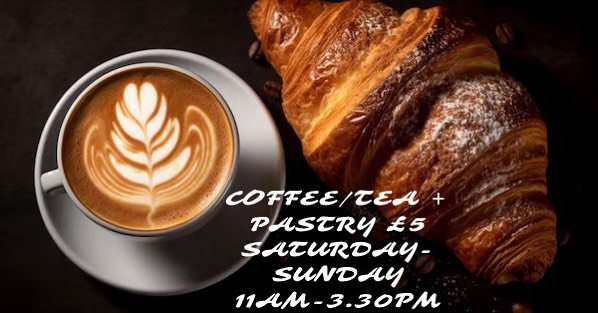 💌 Hello everyone, 
there is a special deal running on weekends 
Saturday-Sunday 11am-3.30pm 
COFFEE ☕️/fresh leaf TEA + Pastry = &pound; 5
come in and grab it while you can! 😉🥐☕️🥰👏🏻