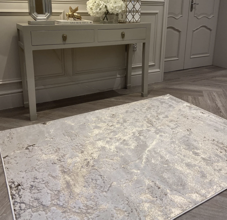 Rowen Homes: Jupiter Light Gold & Cream Metallic Marble Velvet Rug - £399.00