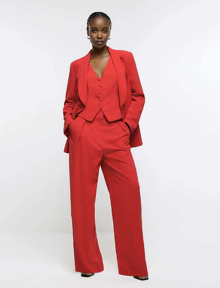 River Island: From £40 - Red Pleated Wide Leg Trousers, Waist Coat &amp; Jacket 