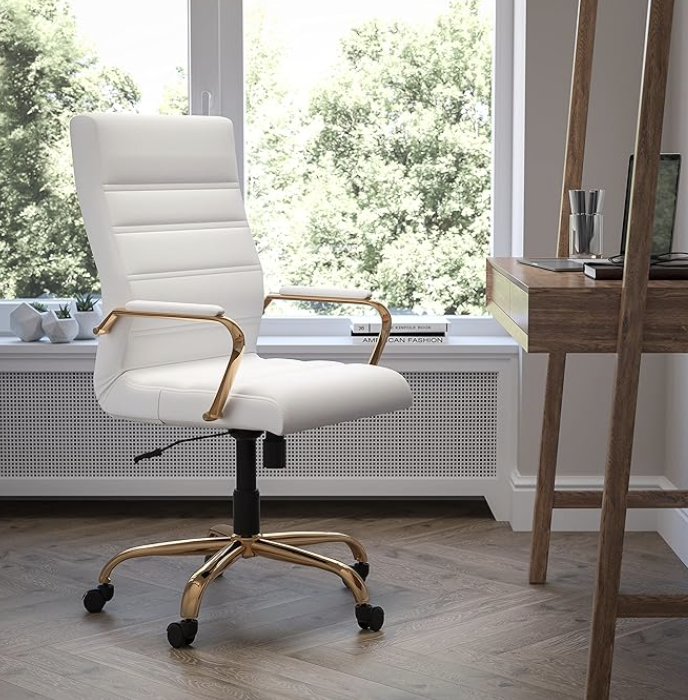 Amazon: Emma + OLIVER High Back White Leather Executive Swivel Office Chair with Gold Frame/Arms - £222.95
