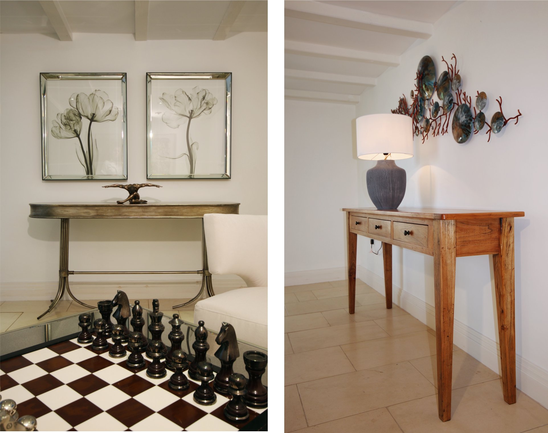 There are 2 xray flower framed prints with a console and diving man sculpture.  in the foreground is a chess set.  Another picture has a textured urn lamp and metal coral sculpture wall art