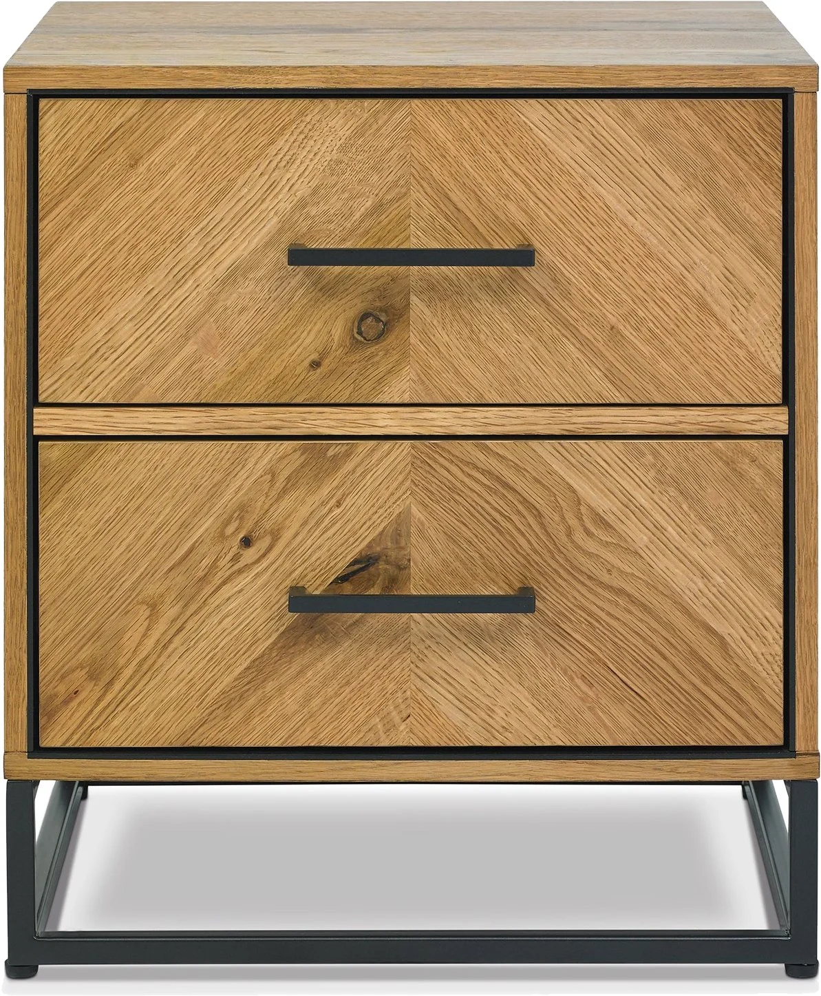 chevron oak modern bedside table with two drawers and black metal handles and black legs