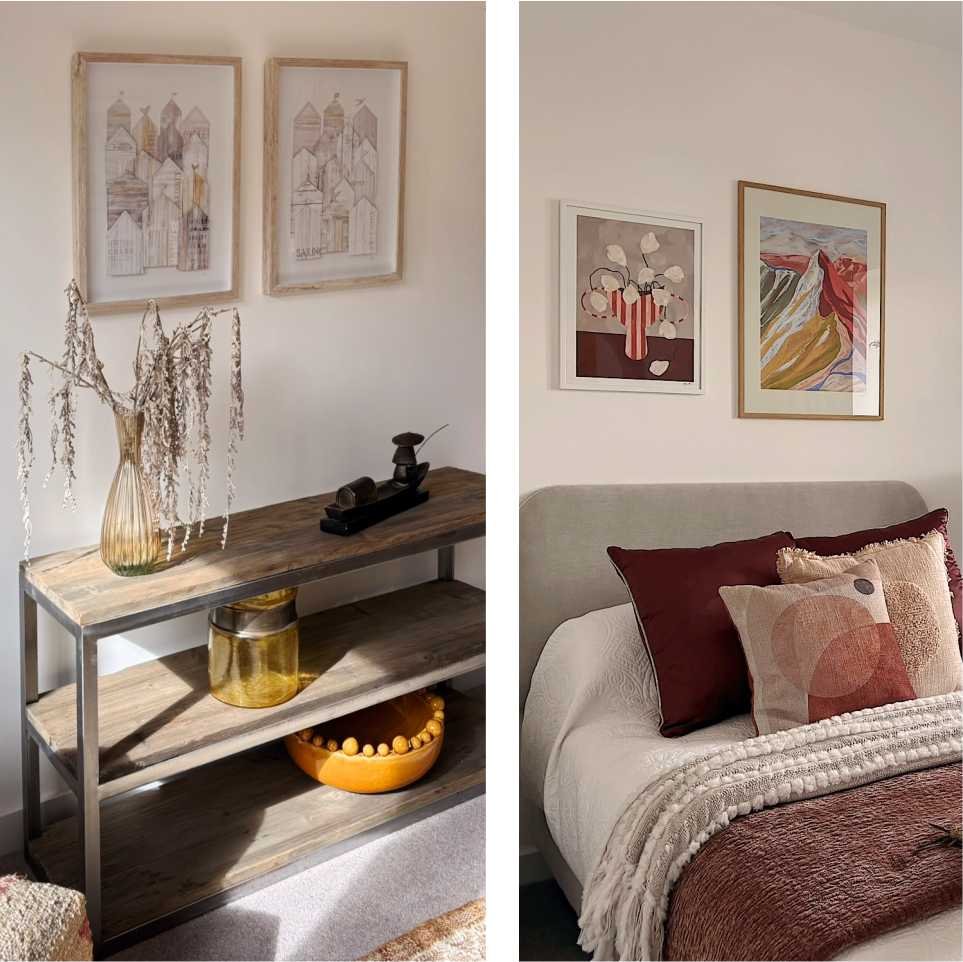 A casual living room dressed shelf is shown alongside a photo of a  bed in a predominantly burgundy and pink colourway.  There is yellow in both rooms