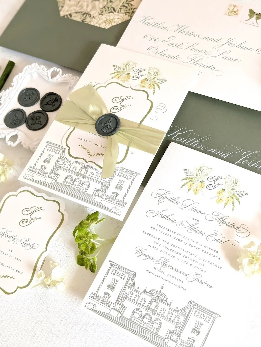 Luxury invitation design for a wedding at Vizcaya Museum and Gardens