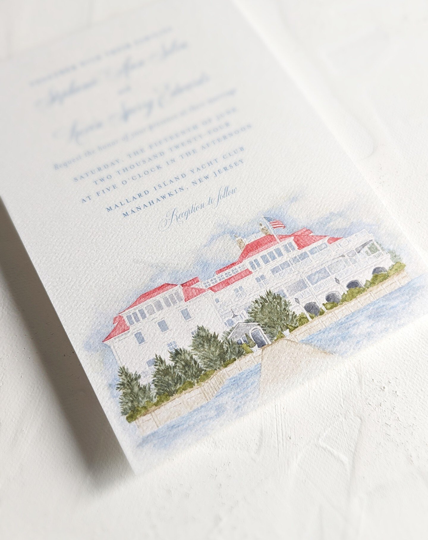 Sneak peak of a wedding invitation suite including a watercolor illustration of the venue. The Mallard Island Yacht Club is significant to the couple&rsquo;s love story, and they wanted it to be captured in their wedding invitation. It&rsquo;s such a