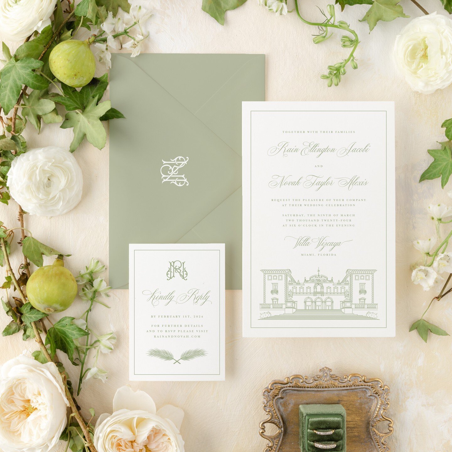 Vizcaya Museum and Gardens is one of the most beautiful historic estates and coveted wedding venue in South Florida. Here is a clean, elegant wedding invitation suite featuring the east-facing facade of Vizcaya. Opt for a reply card that points guest
