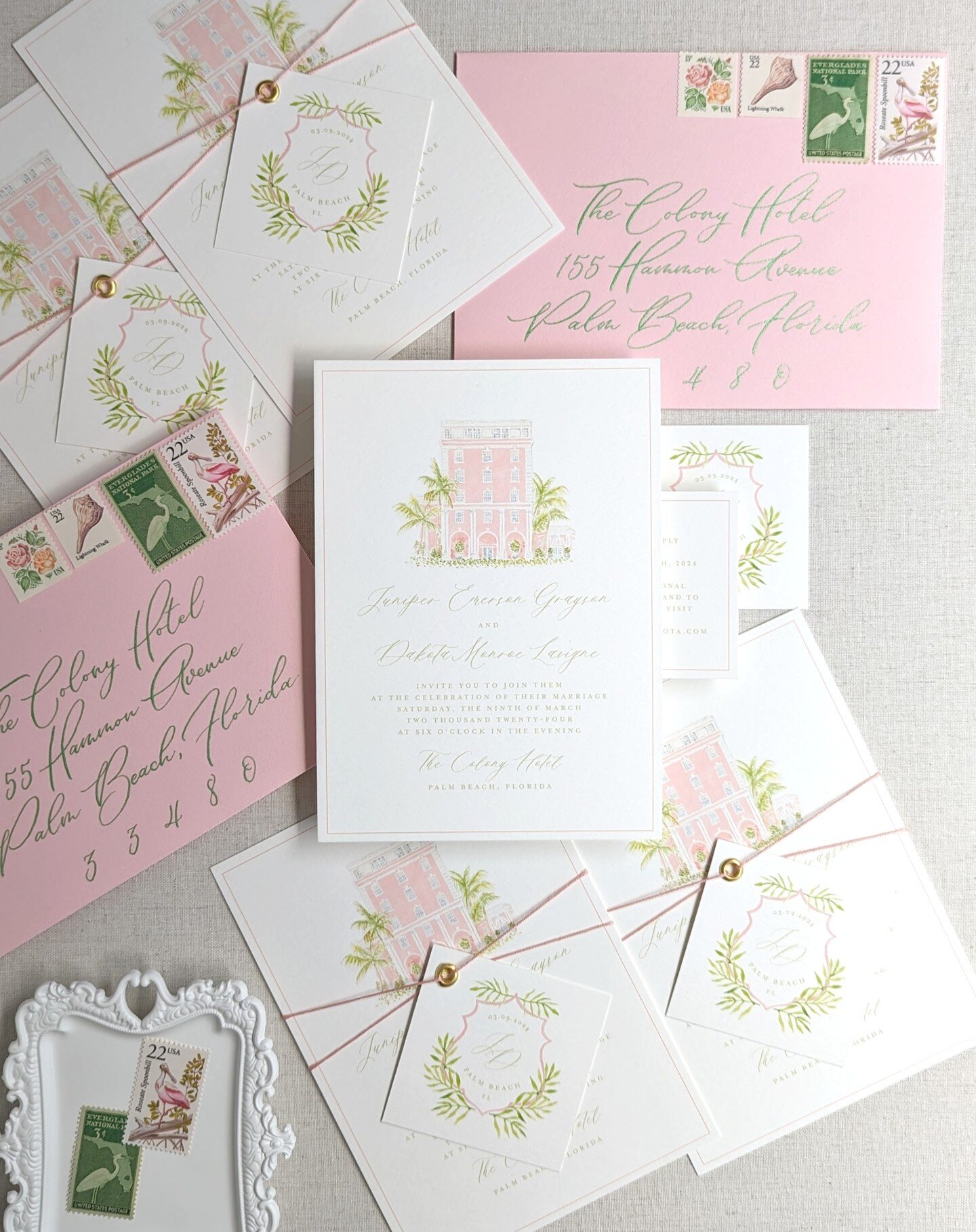 Wedding invitation with a custom watercolor venue illustration of The Colony Hotel in Palm Beach. Went with the classic Lily-Pulitzer palette, pink and green. The tag features a custom watercolor crest with the rsvp wedding website info on the back. 