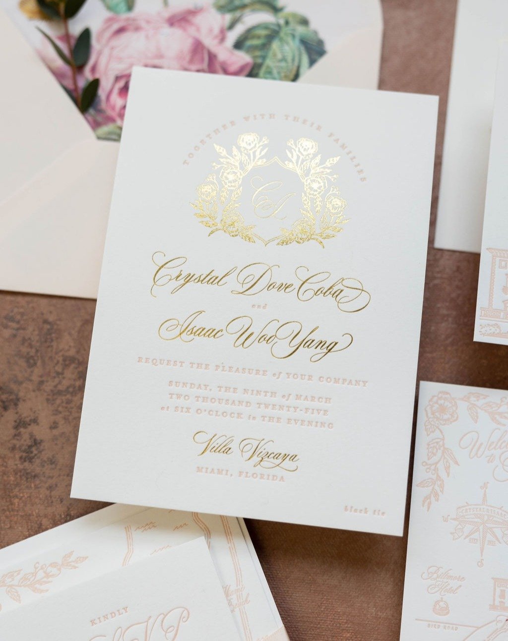 A gold foil and pink letterpress invitation suite for the lovely C&amp;I for their epic Vizcaya wedding in Miami, FL, including a custom letterpress wedding map and a venue illustration of the Vizcaya mansion

Photos captured by these talented ladies