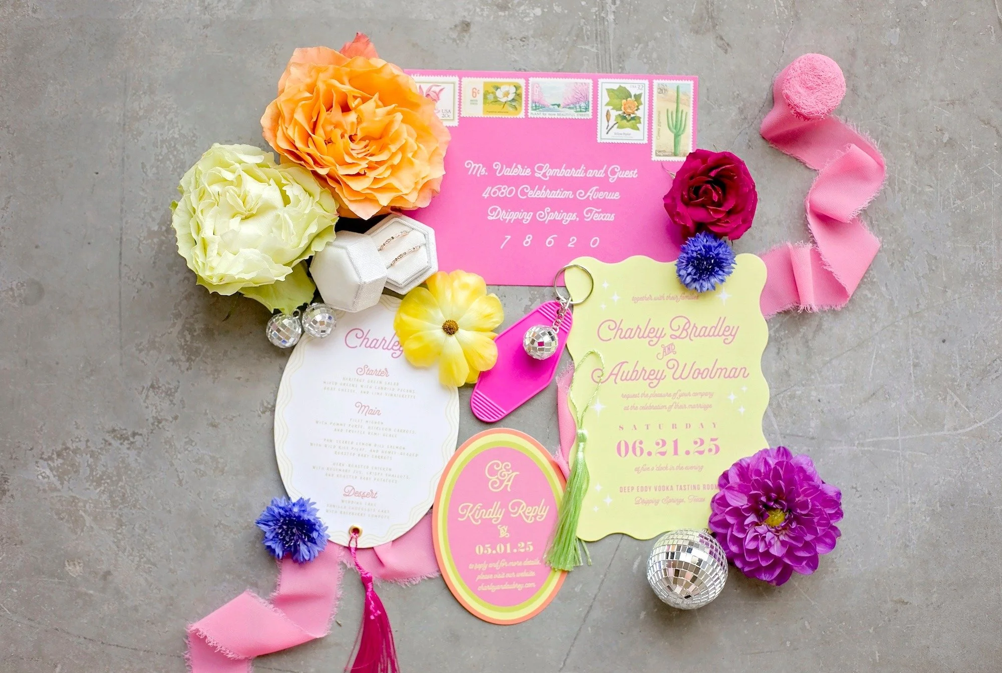 I love the challenge of departing from my usual wedding aesthetic (New England coastal to Florida vintage vibes). I was called upon to participate in this styled shoot whose theme was colorful, rainbow, retro, funky, disco - even funky whimsical can 