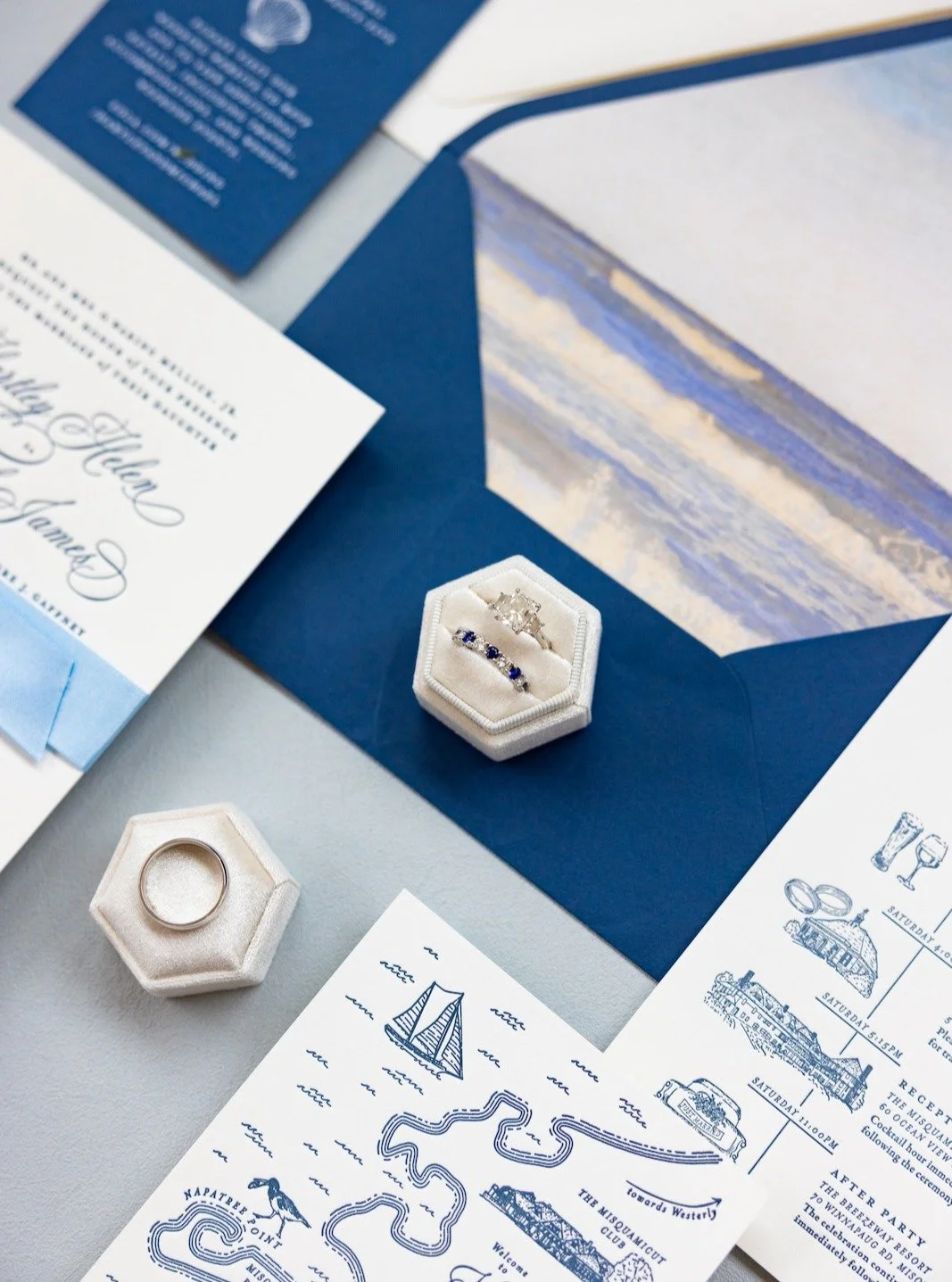 A look back at H &amp; M&rsquo;s elegant June wedding in Watch Hill, Rhode Island, a celebration rooted in coastal charm and refined nautical details.

For their invitation suite, I designed a custom letterpress map highlighting their wedding weekend