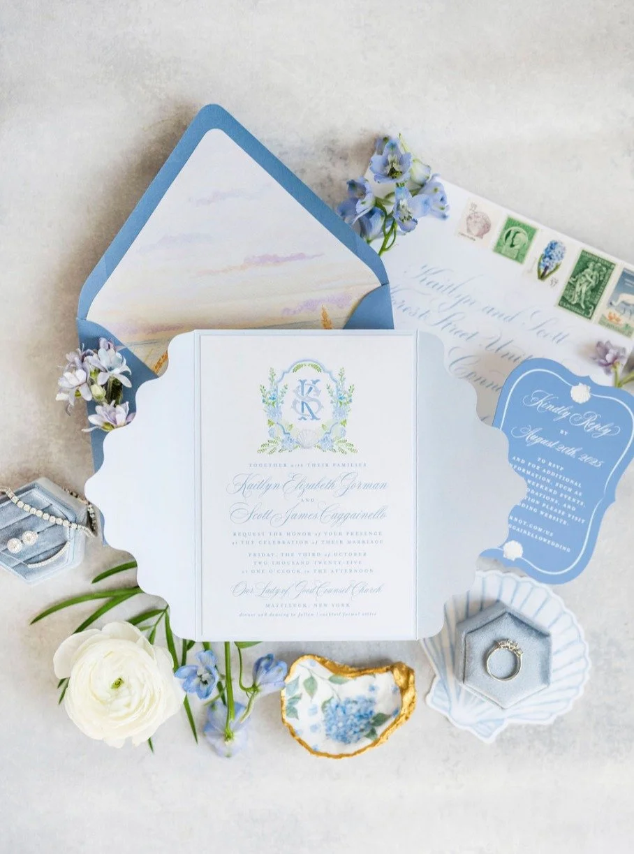Sneak peeks from a blue watercolor wedding invitation suite for a coastal celebration. I loved combining different custom shapes for K&amp;S, an invitation card mounter on a wavy gatefold, and a blue watercolor scallop shell for the rehearsal dinner 