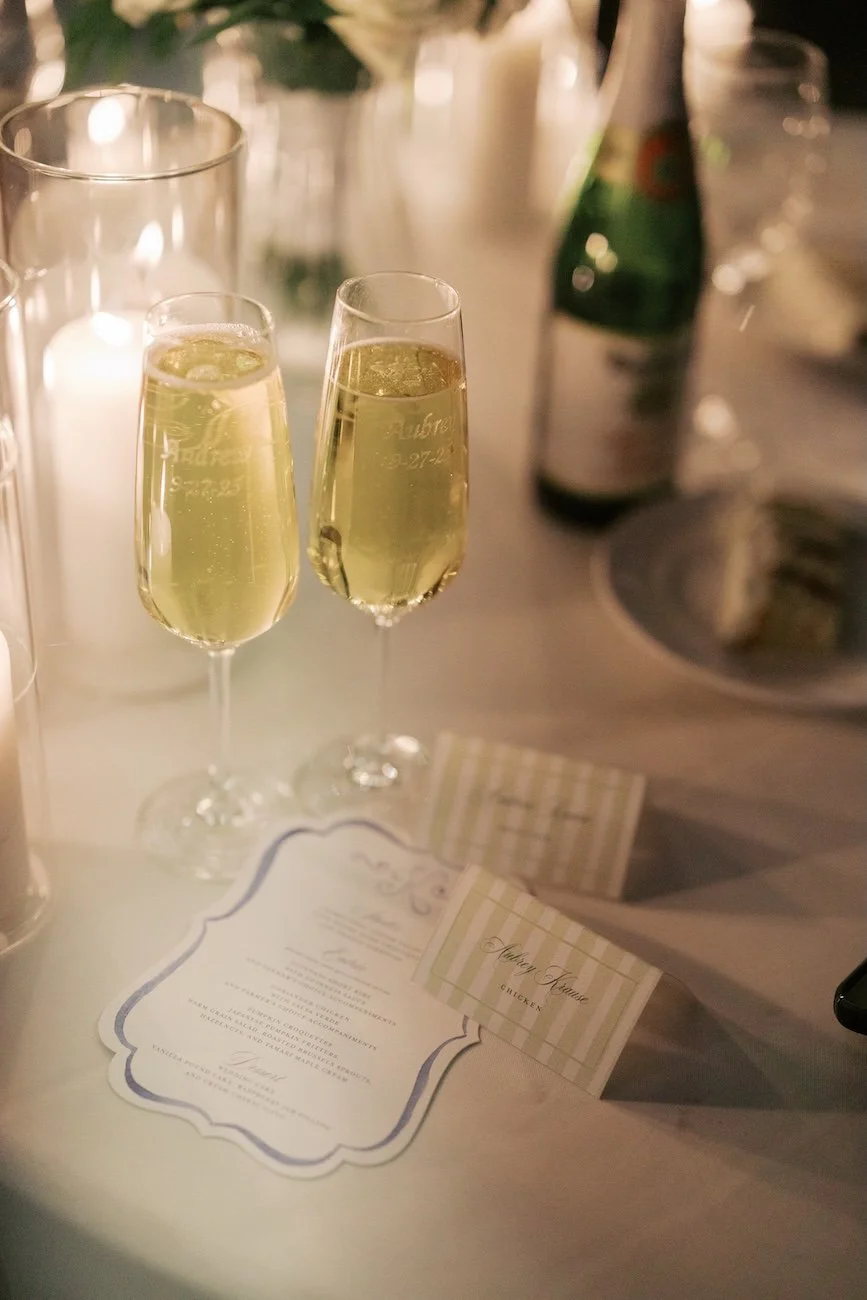 custom wedding reception escort cards, table numbers, and menus