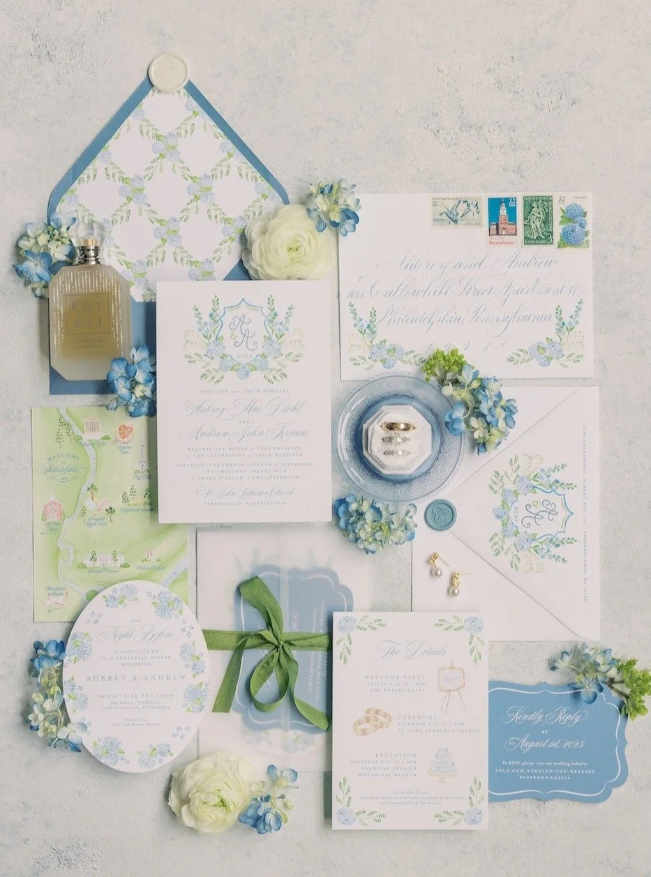 A Blue-and-White Philadelphia Wedding Filled with Custom Watercolor Details

Vendor dream team:
Venue: American Swedish Historical Museum @ashm_weddings
Photographer: Hannah Constein Photography @hannahconsteinphotography
Planner/Day-Of Coordinator: 