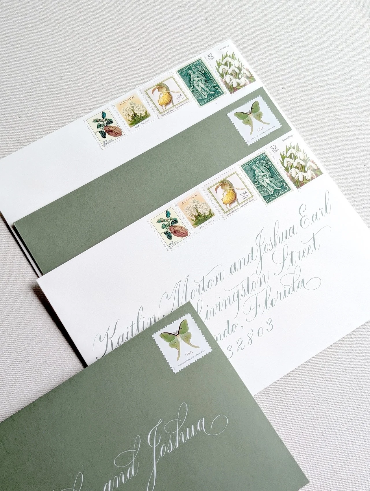 Vintage curated postage and hand-written calligraphy addressing for a keepsake suite on its way to K&amp;J. 

Calligraphy by @handsomeink