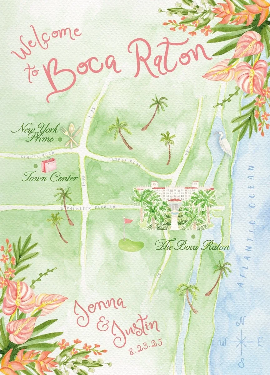 Boca Raton Resort Watercolor Wedding Map