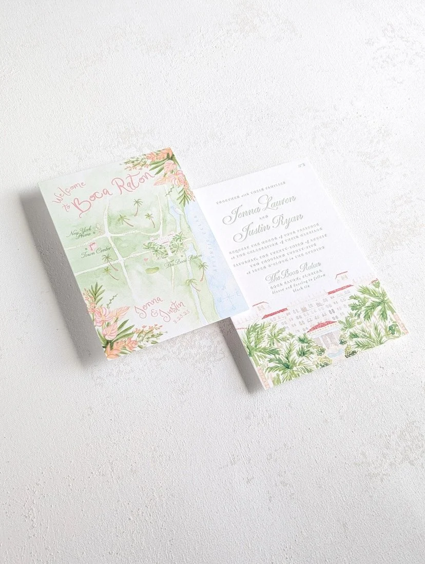 Boca Raton Resort Watercolor Wedding Map and Letterpress Invitation