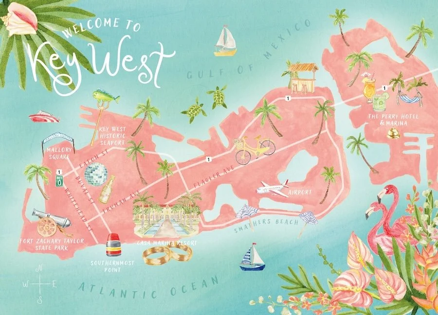 Custom Watercolor Wedding Map Key West