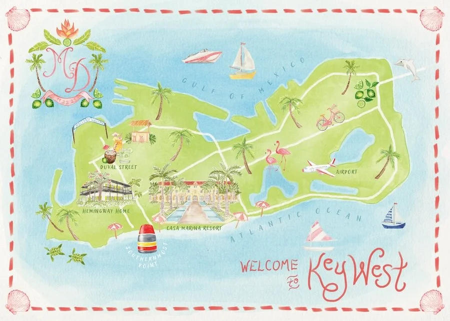 Key West custom wedding map with monogram crest