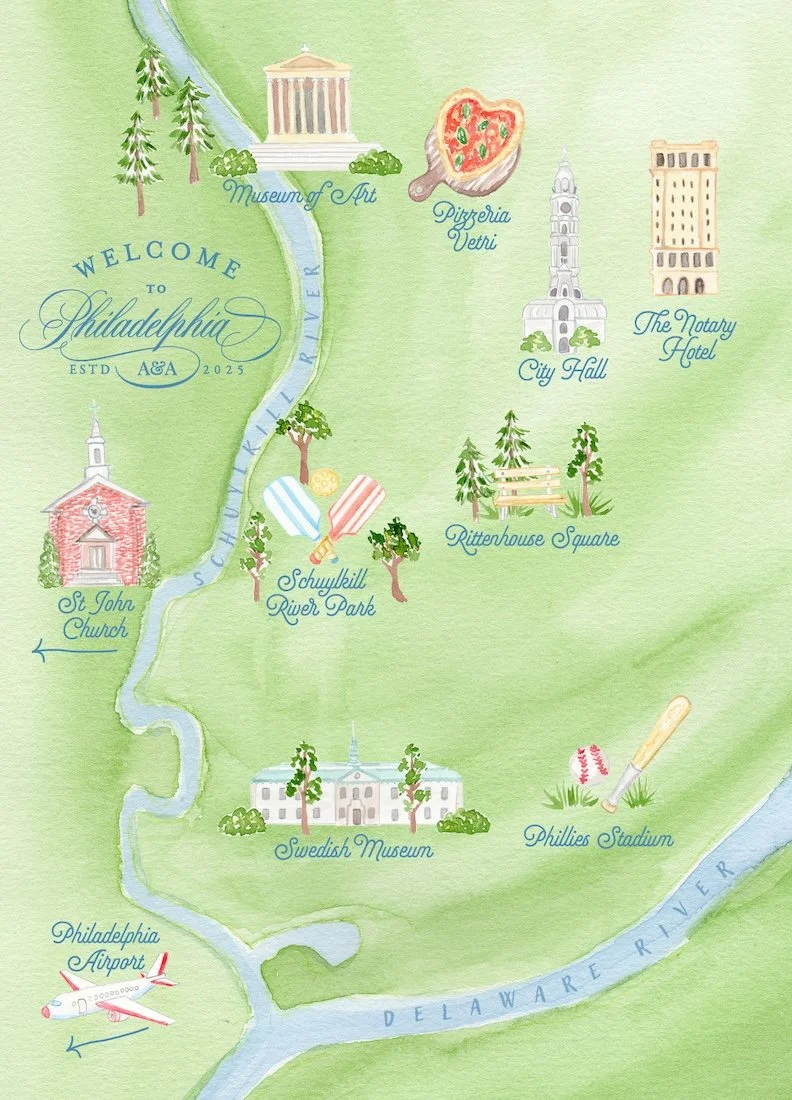 Philadelphia wedding watercolor map