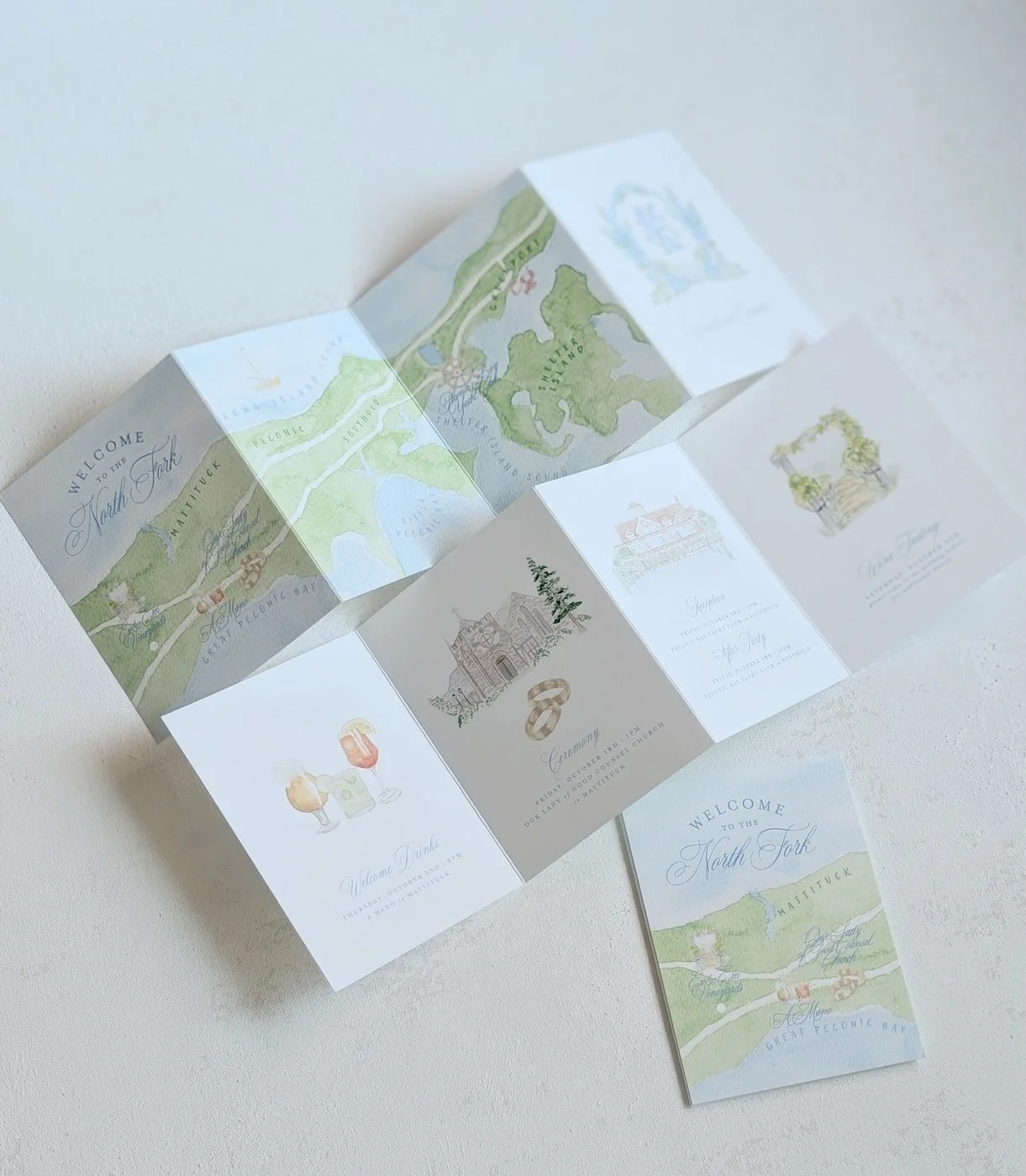 North Fork custom watercolor wedding map